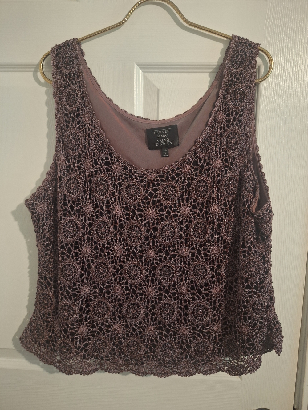 Carmen Marc Valvo Mauve Crochet Overlay Tank Top